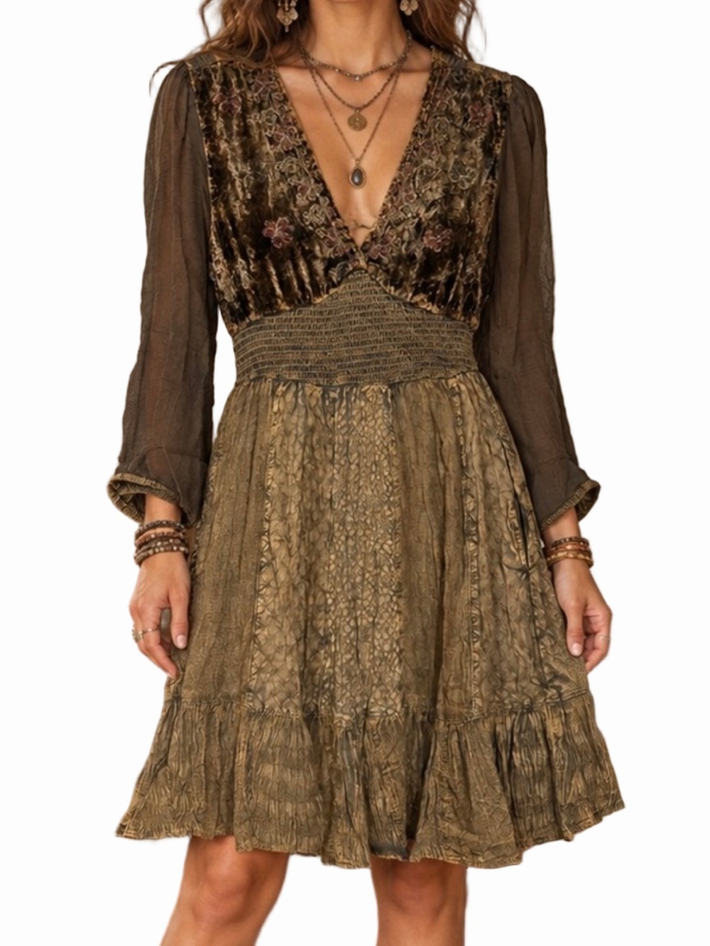 Young Threads Bohemian V-Neck Velvet Smocked Waist Dress